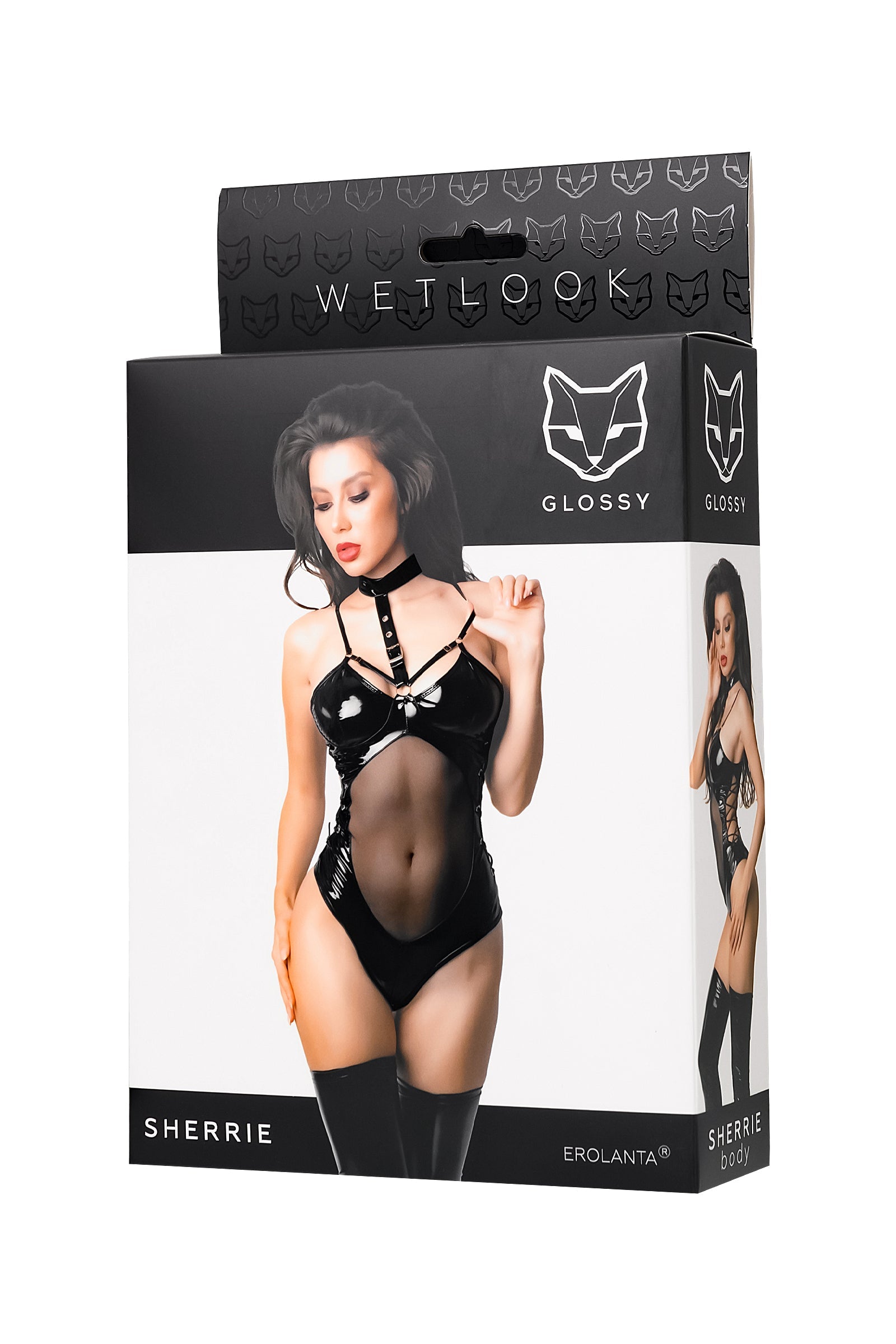 Glossy - Faux Leather Bodysuit with Sheer Midriff and Laces - Sherrie