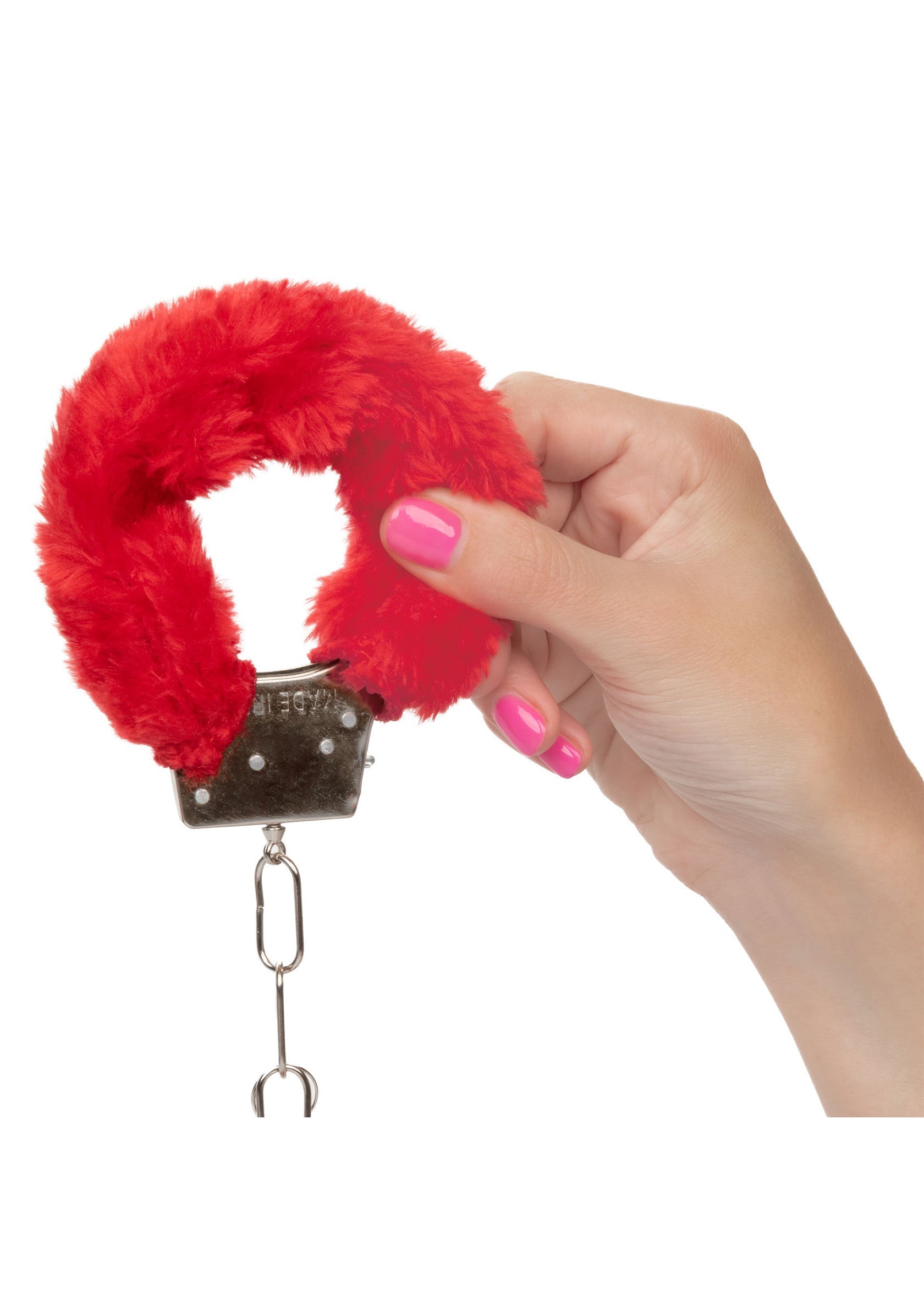 Playful red furry cuffs