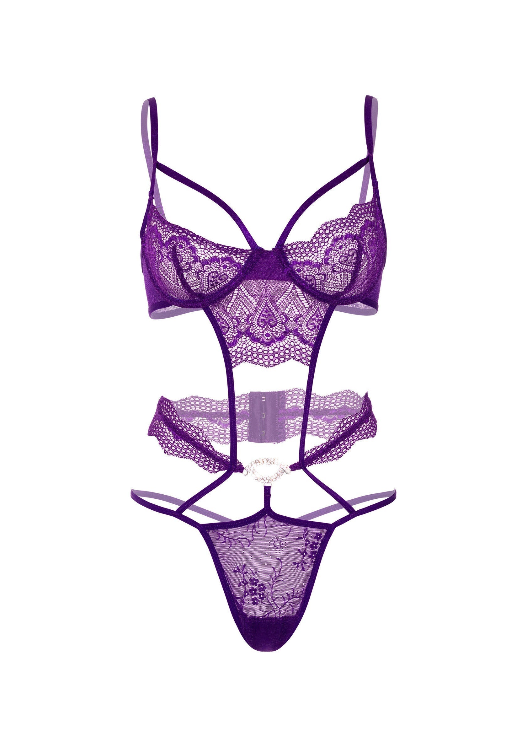 Heart lace teddy with purple jewel