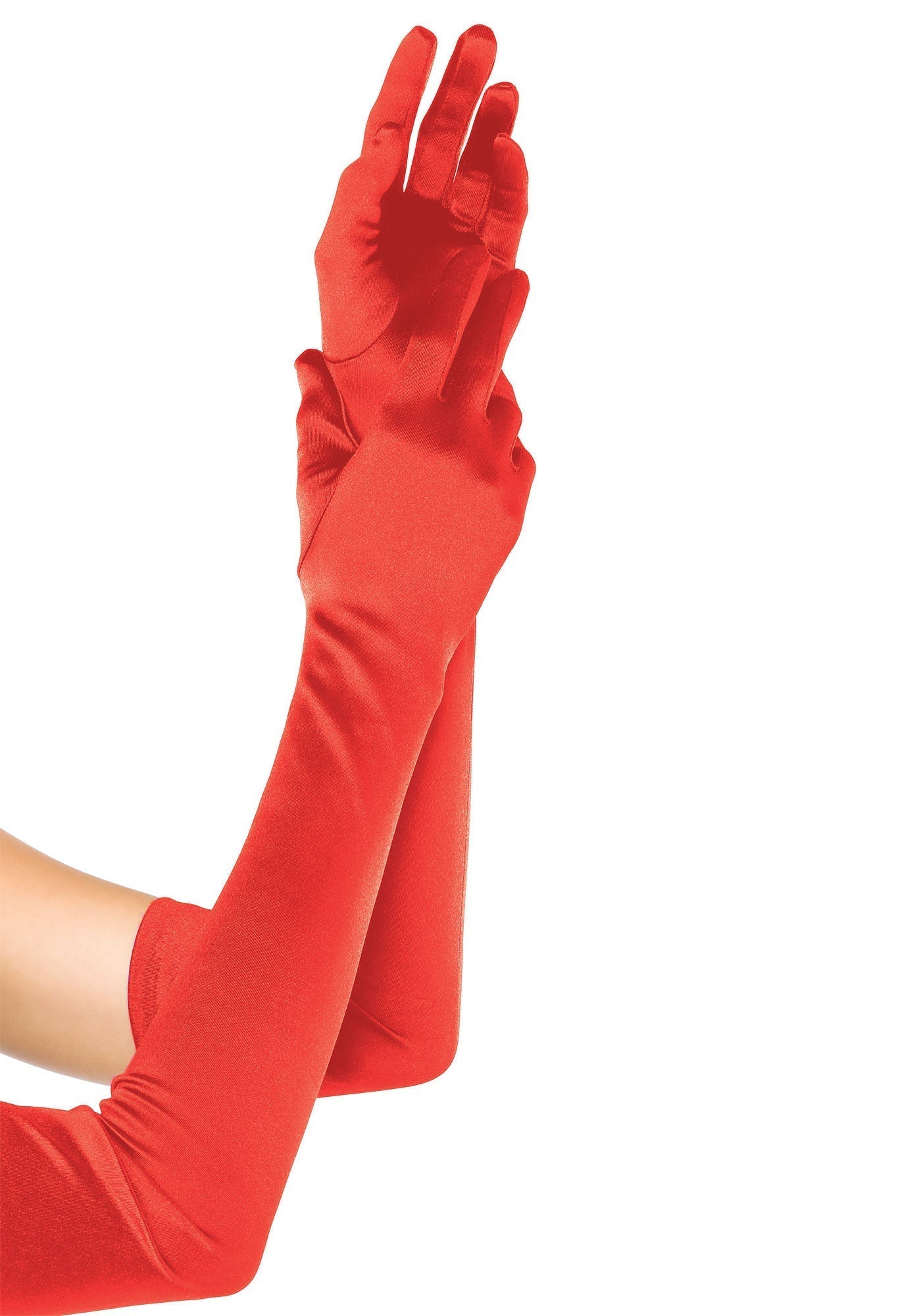 Extra-long red satin gloves