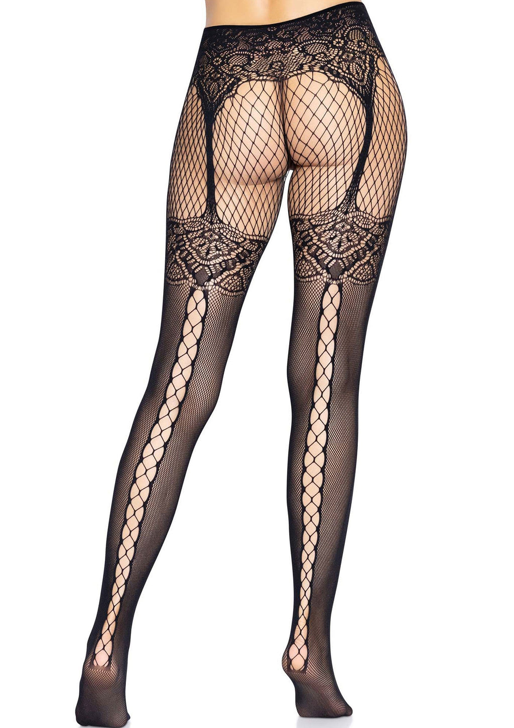 Black backseam lace-up fishnet tights