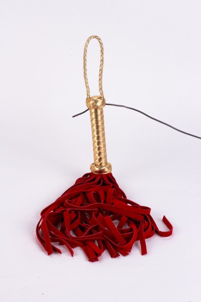 Metallic leather handle flogger with suede falls, red, 18"