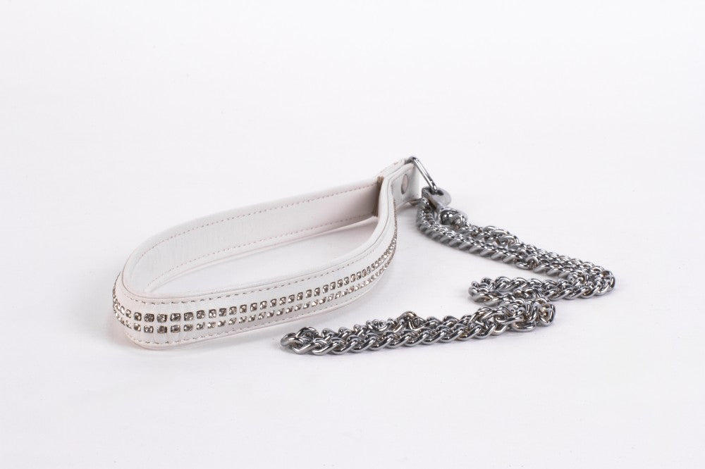 Lambskin handle with 2 rows of small rhinestones and white metal chain