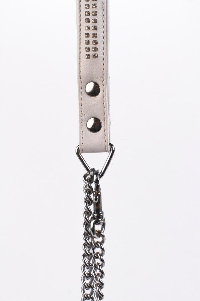 Lambskin handle with 2 rows of small rhinestones and white metal chain