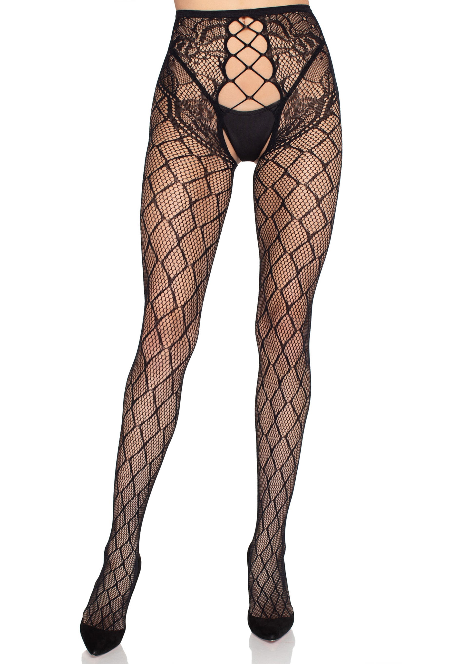 Black open crotch fishnet tights